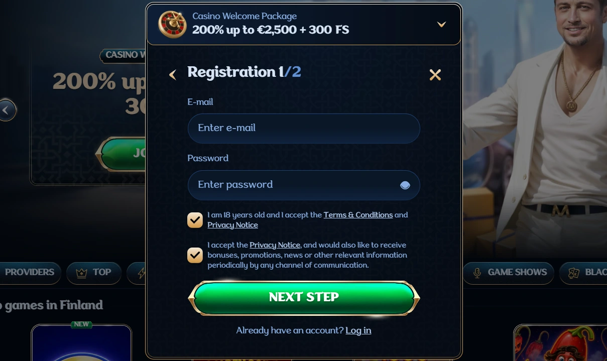Millioner registration screen with welcome bonus and no-bonus choices