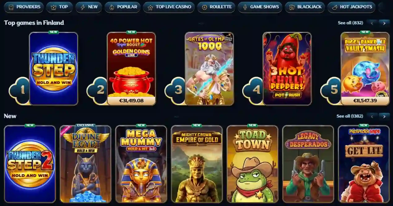 Millioner casino games and pokies catalogue interface