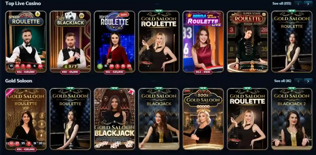 Millioner live casino category screen