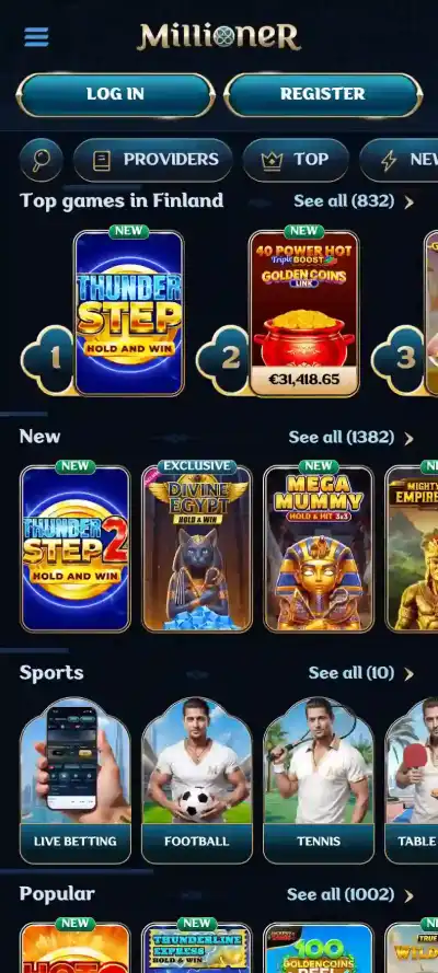 Millioner Australia mobile browser homepage and create shortcut interface