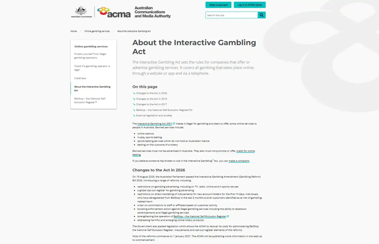 ACMA Interactive Gambling Act page showing online casinos as banned services and 2026 reform information
