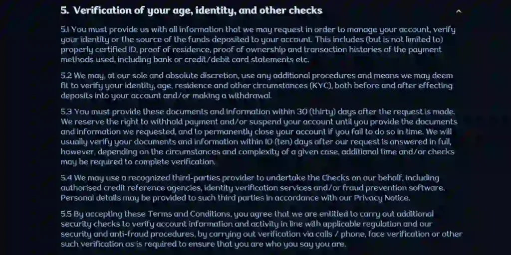 Millioner official verification terms listing identity residence and payment-method checks