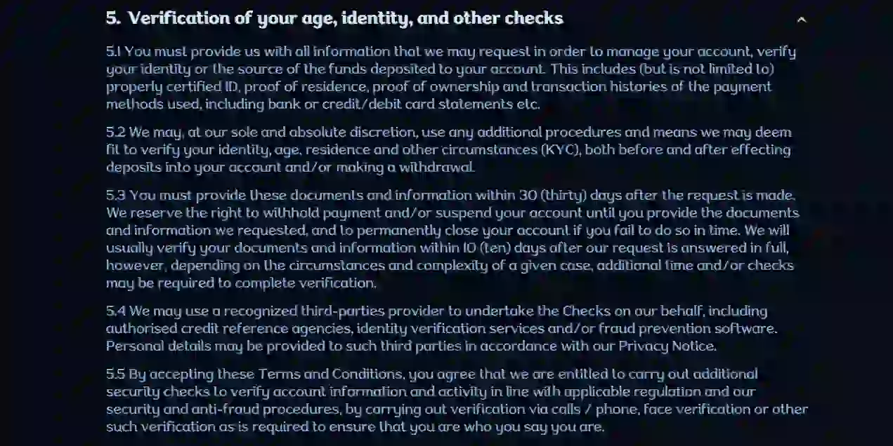 Millioner official verification terms listing identity residence and payment-method checks