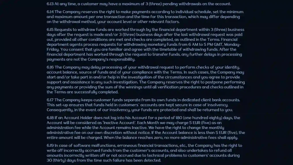 Millioner official withdrawal terms showing AUD limits and processing rules
