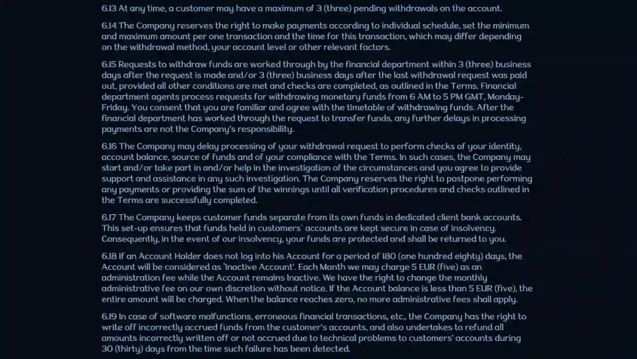 Millioner official withdrawal terms showing AUD limits and processing rules