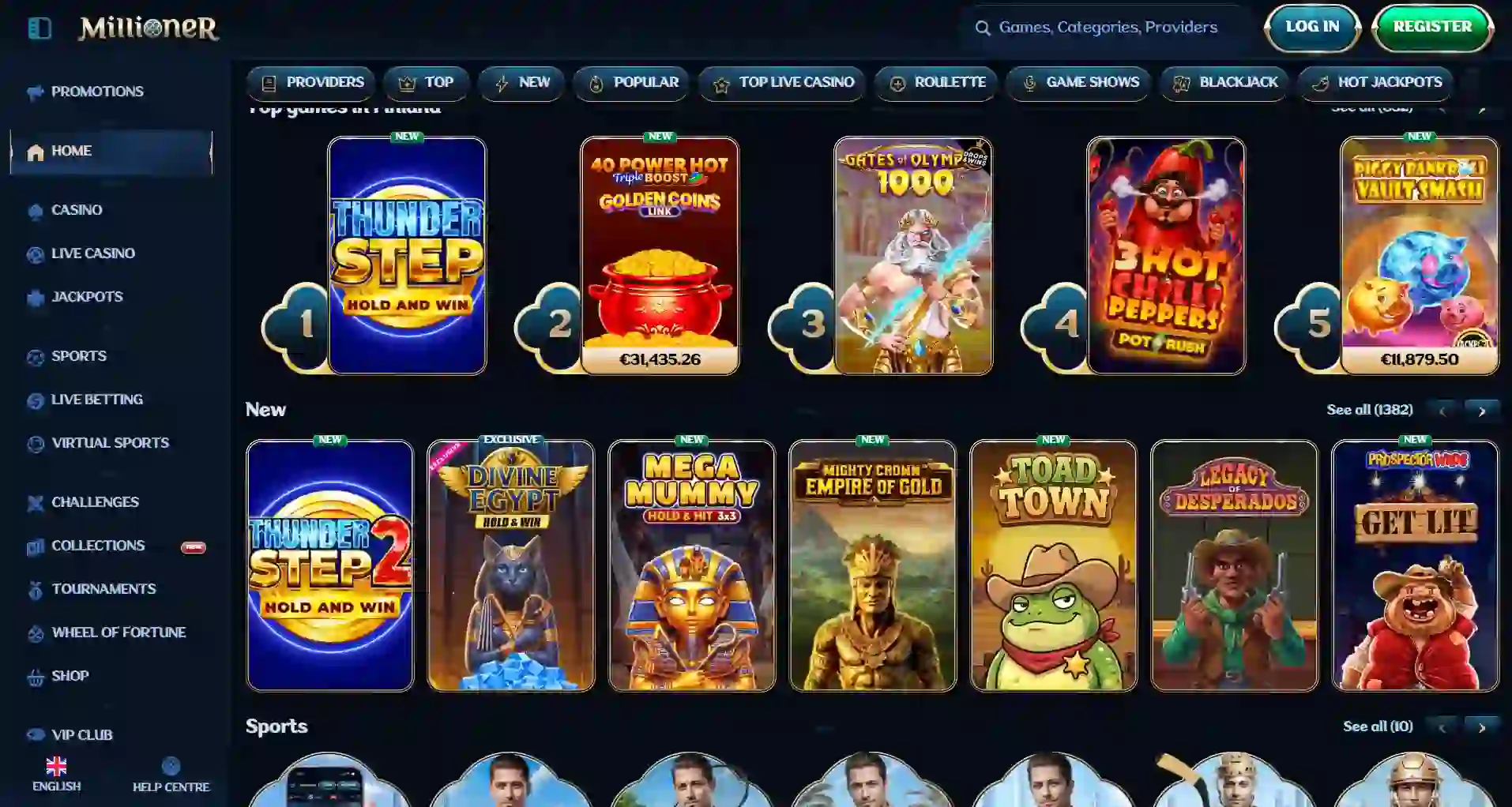 Millioner Australia-targeted homepage showing casino, live casino and sports navigation