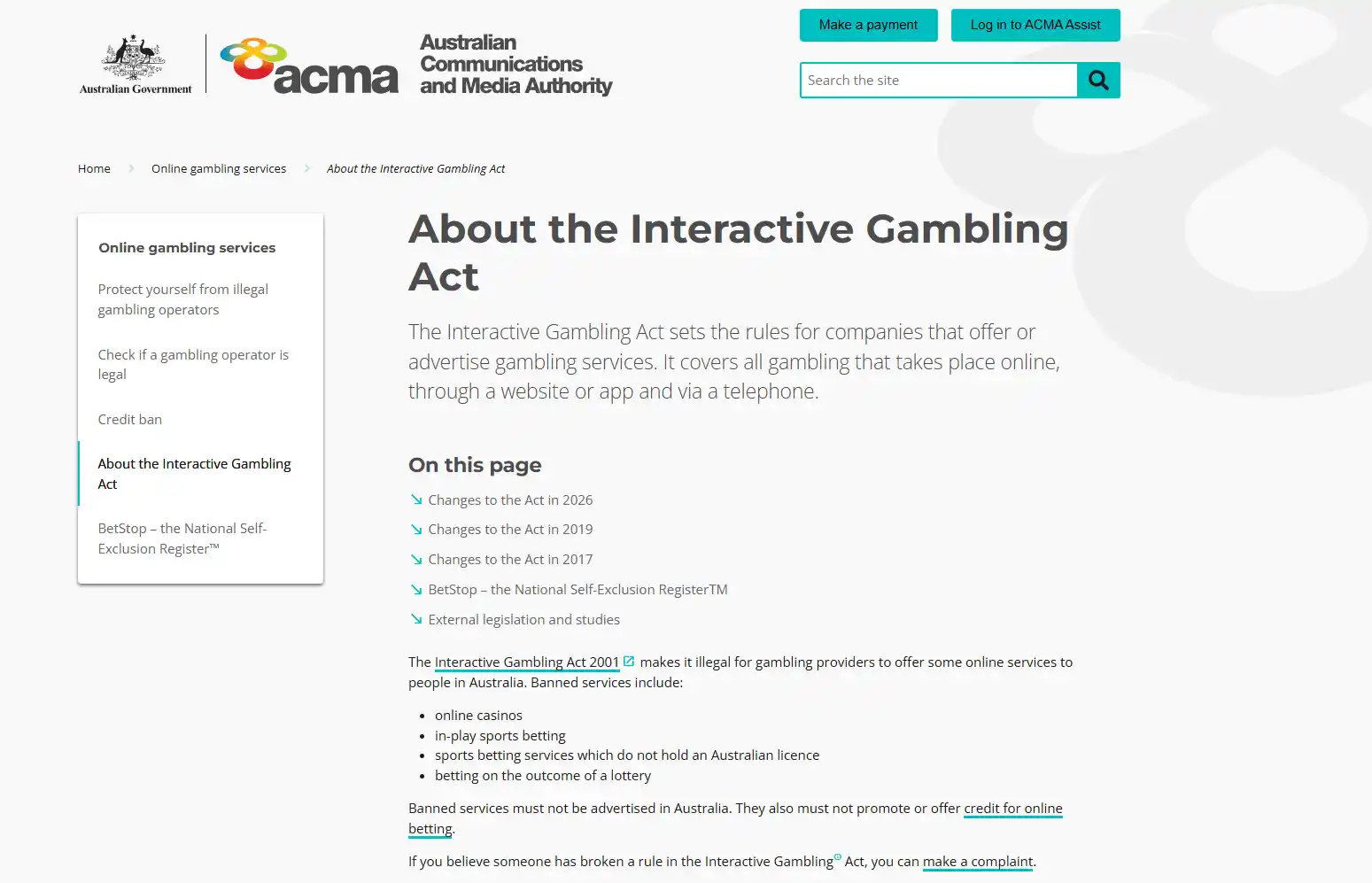 ACMA Interactive Gambling Act page showing the Australian online casino prohibition context